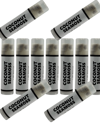 Image of Lineup of Sebi's Daughters Coconut Seamoss Lip Balms against a transparent background made by Kellie Bowman the biological daughter of Doctor (Dr) Sebi in her Atlanta GA office!