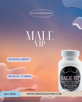 "Male VIP by Sebi's Daughters, a premium wellness blend designed to support men's vitality and overall well-being. Set against a gradient sky background with fluid abstract shapes, reflecting the essence of the Spring Collection. Includes a 'Buy Now' button and website URL."