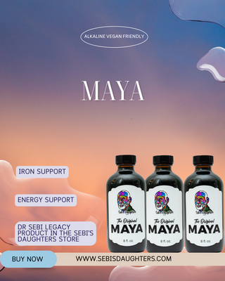 "Maya by Sebi's Daughters – an alkaline vegan herbal supplement for iron and energy support. The image features three black bottles labeled 'The Original Maya' with Dr. Sebi’s portrait, set against a gradient sky background with fluid abstract shapes. Includes a 'Buy Now' button and website URL."