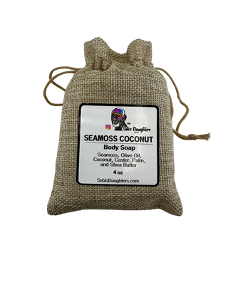 Image of 4oz Seamoss Coconut Body Soap in a Burlap bag with drawstring closures by Sebi's Daughters.  Label highlights ingredients of Seamoss, olive oil, coconut, caster, palm and shea butter.