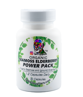 30-count bottle of Sebi's Daughters Seamoss and Elderberry Capsules, featuring organic seamoss and elderberry for daily wellness support in a vegetable cellulose capsule