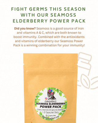 "30-count bottle of Sebi's Daughters Seamoss and Elderberry Capsules, featuring organic seamoss and elderberry for daily wellness support in a vegetable cellulose capsule"