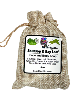 "Sebi's Daughters Soursop and Bayleaf Soap showcasing its natural ingredients including soursop, bayleaf, seamoss, coconut, castor oil, palm oil, shea butter, and aloe vera."