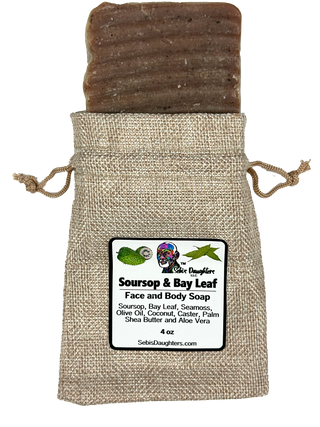 "Sebi's Daughters Soursop and Bayleaf Soap showcasing its natural ingredients including soursop, bayleaf, seamoss, coconut, castor oil, palm oil, shea butter, and aloe vera."