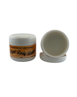 Image of Sebi's Daughters Seamoss Coconut Body Butters, by Kellie Bowman the daughter of Doctor (Dr) Sebi.  One jar is open showing the 6 oz Seamoss Coconut Body Butter Label and the other is open with the twist cap laying underneath the open jar showing a snow whte with a slight yellow hue body butter packed in and set (ready for shipping from Sebi's Daughters Fayetteville GA (Metro Atlanta) location.