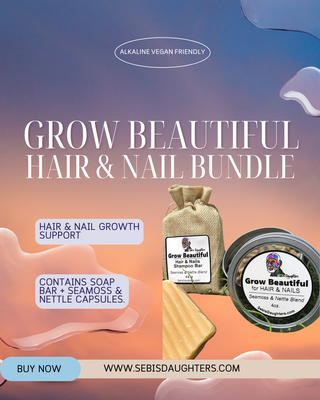 "Grow Beautiful Bundle by Sebi's Daughters, featuring a nourishing collection designed to support healthy hair, skin, and nails with the power of Seamoss and botanicals. Set against a gradient sky background with fluid abstract shapes, reflecting the essence of the Spring Collection. Includes a 'Buy Now' button and website URL."