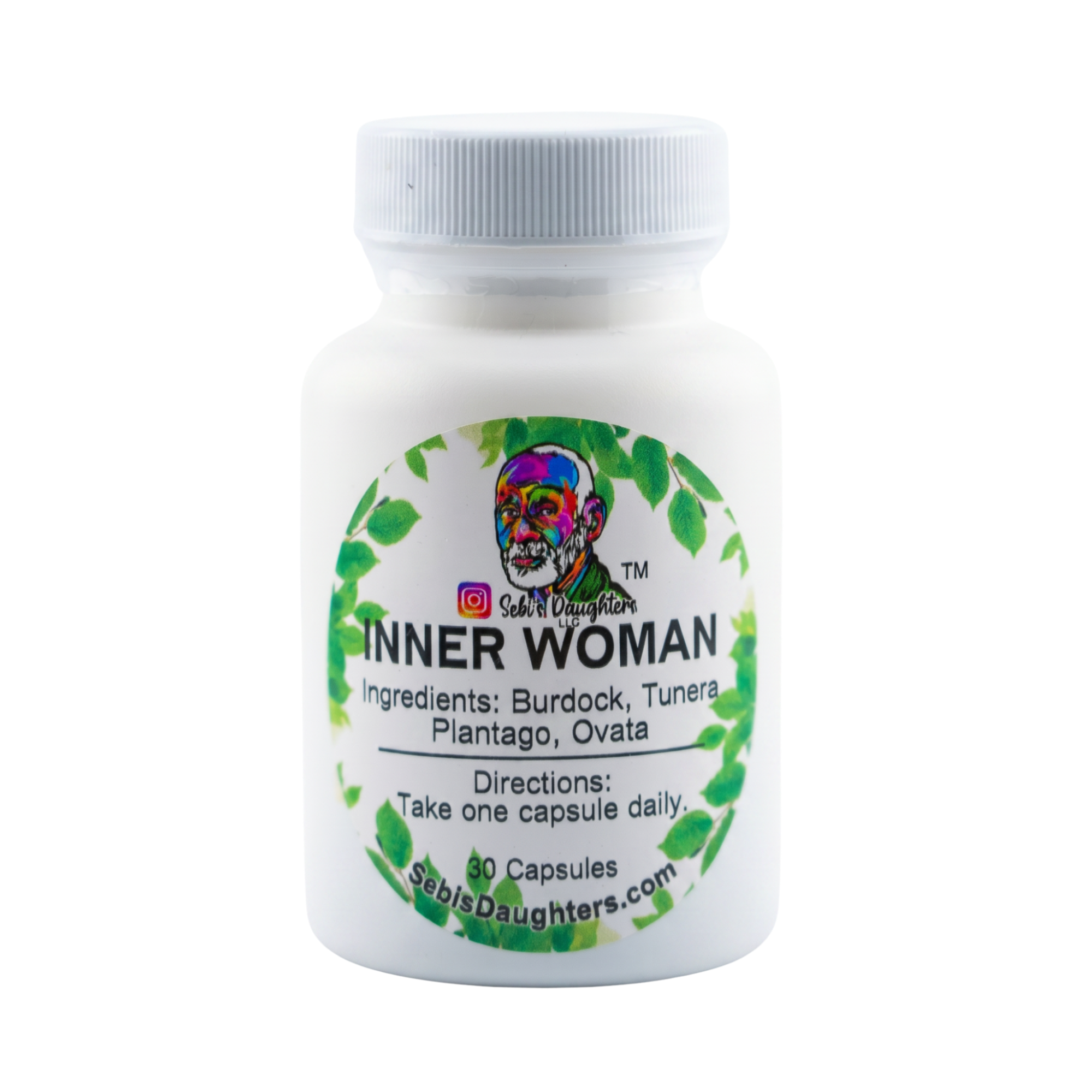 A bottle of Sebi's Daughters Inner Woman dietary supplement capsules, featuring a white cap and a colorful circular label with Dr Sebi on the Logo.
