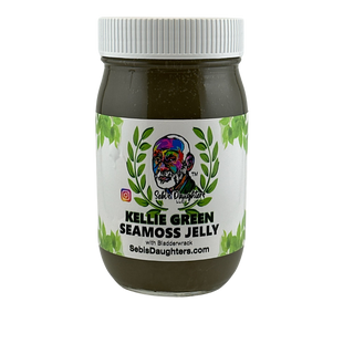 Image of Sebi's Daughters Kellie Green Seamoss Jelly With Bladderwrack.  This image is the front of the jar containing the front of the product label.