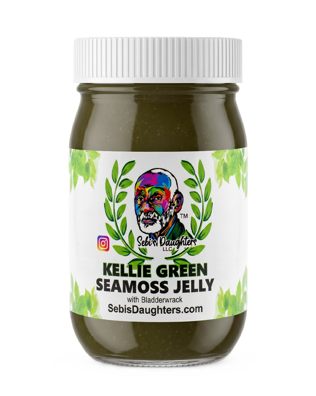 Jar of Kellie Green Seamoss Jelly with a colorful Sebi's Daughters Label