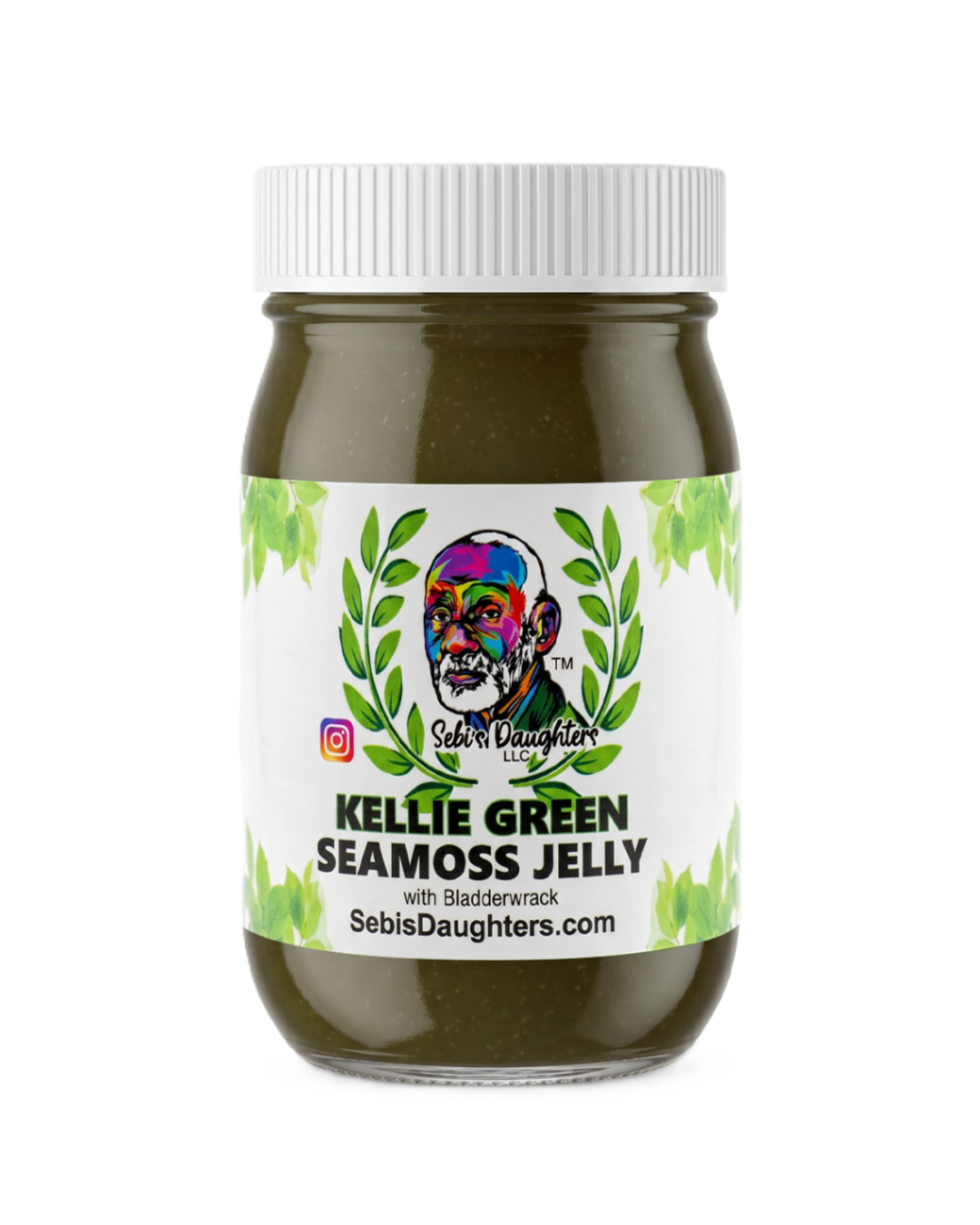 Jar of Kellie Green Seamoss Jelly with its ingredients: wildcrafted Honduran seamoss, organic bladderwrack, and Honduran green chlorophyll. By Sebi's Daughters.