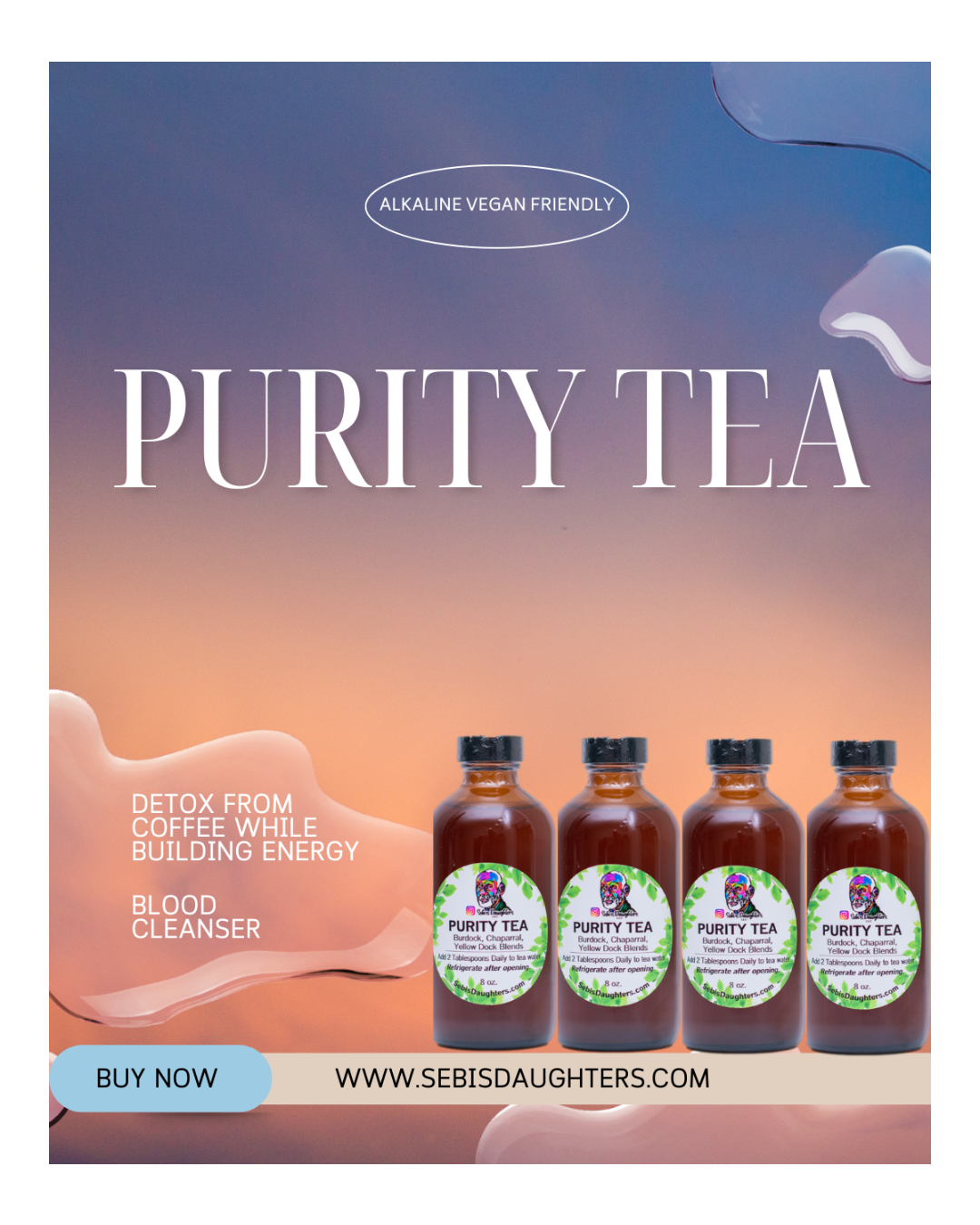 Purity Tea by Sebi's Daughters, a cleansing herbal blend designed to support inner balance and wellness. Set against a gradient sky background with fluid abstract shapes, reflecting the essence of the Spring Collection.