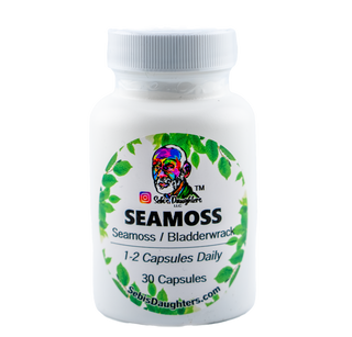 Image of 30 day supply of Seamoss Bladderwrack Capsules by Sebis Daughters in a white bottle.