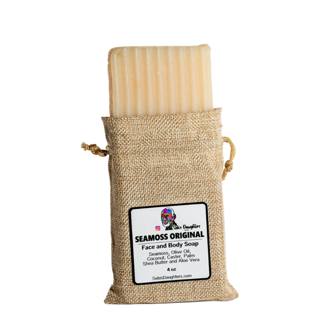 "Organic Seamoss Soap Bar by Sebi's Daughters with nourishing seamoss, olive oil, coconut, castor, palm oil, shea butter, and aloe vera for a gentle cleanse."