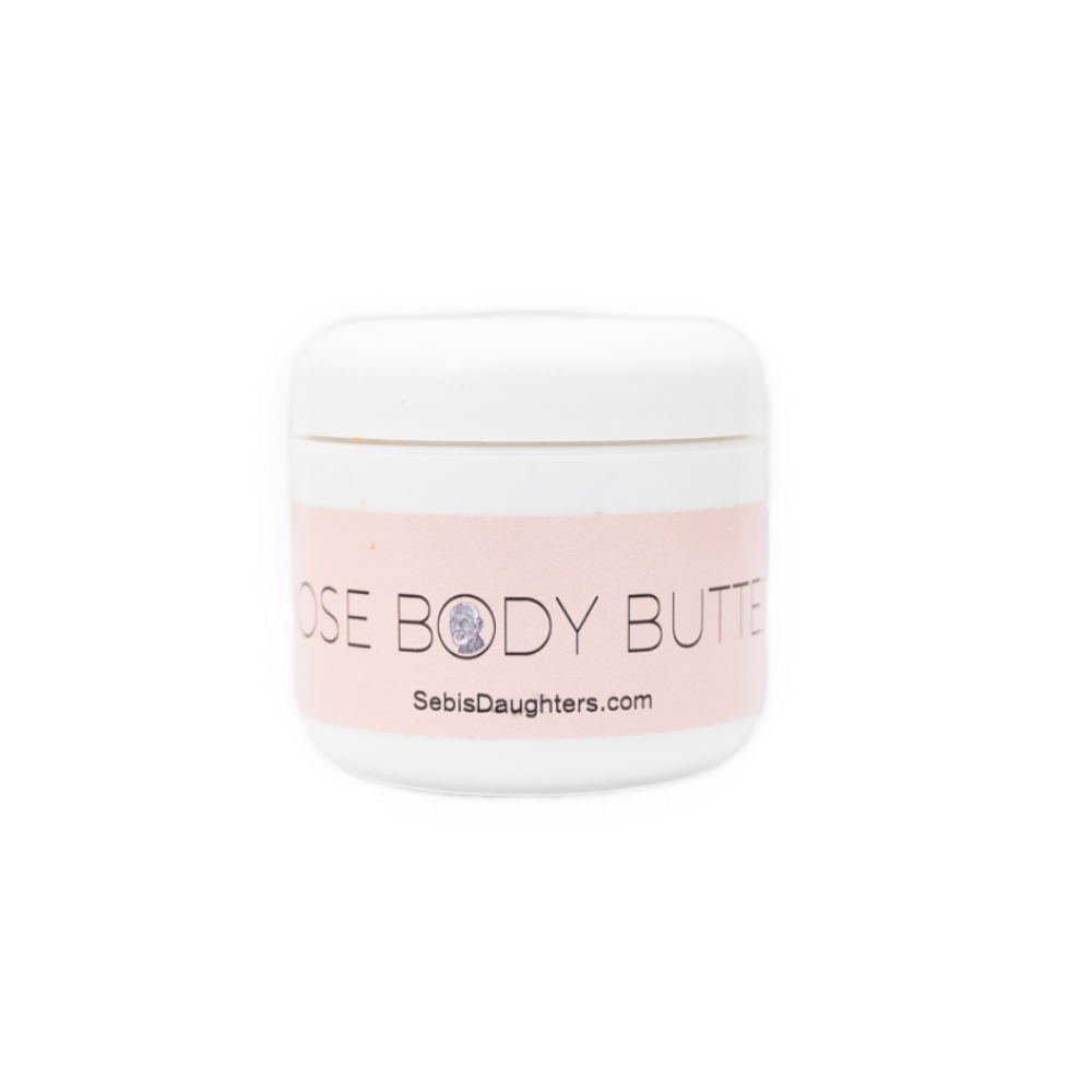White jar of Sebi's Daughters Rose body butter in it's baby pink and rose Sebi's Daughters label.