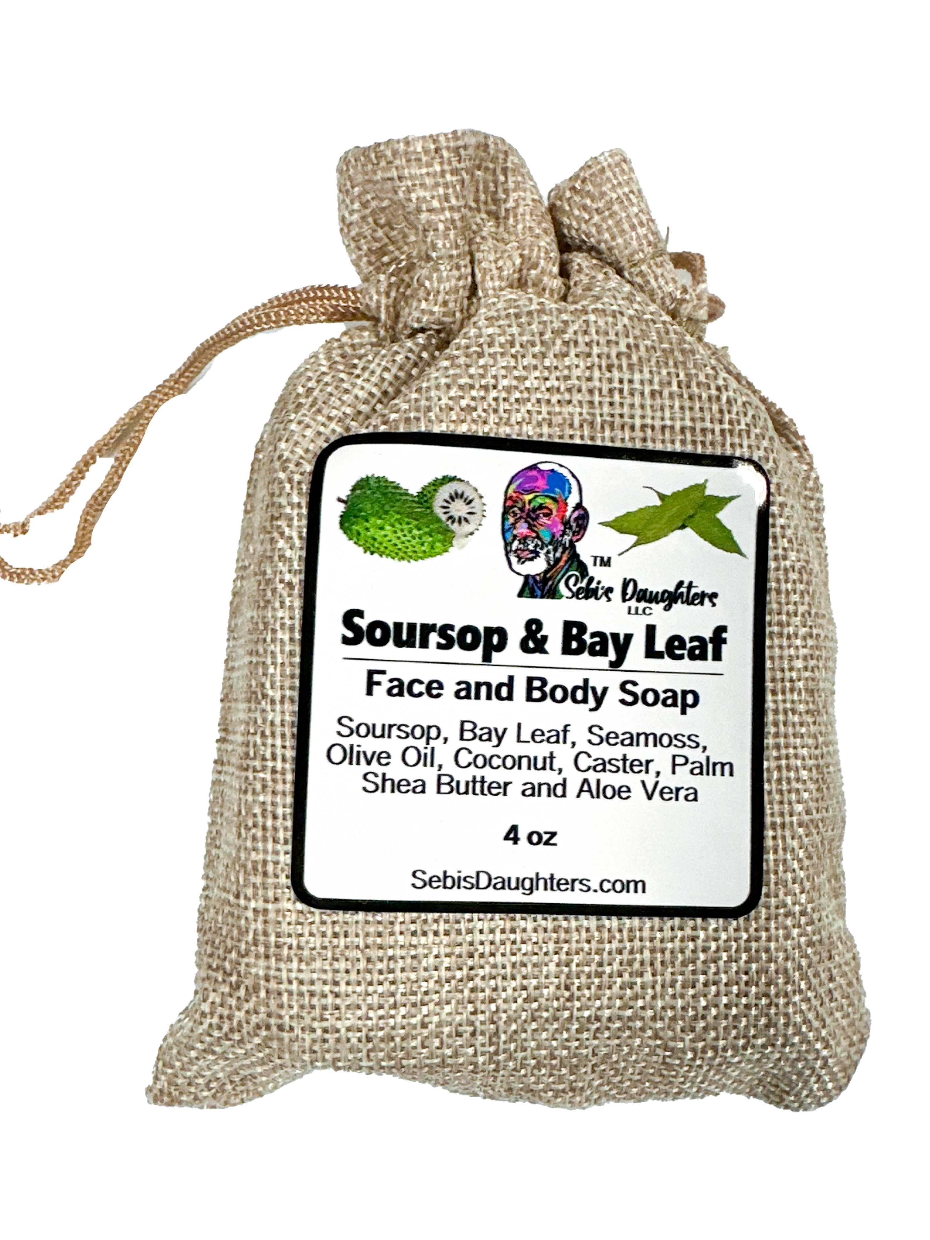 "Sebi's Daughters Soursop and Bayleaf Soap showcasing its natural ingredients including soursop, bayleaf, seamoss, coconut, castor oil, palm oil, shea butter, and aloe vera."
