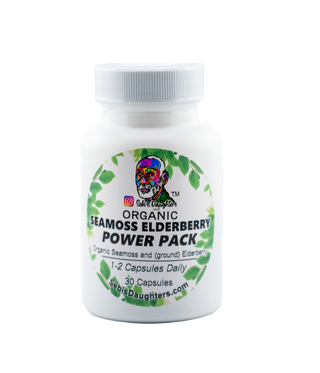 organic seamoss elderberry capsules

30-count bottle of Sebi's Daughters Seamoss and Elderberry Capsules, featuring organic seamoss and elderberry for daily wellness support in a vegetable cellulose capsule