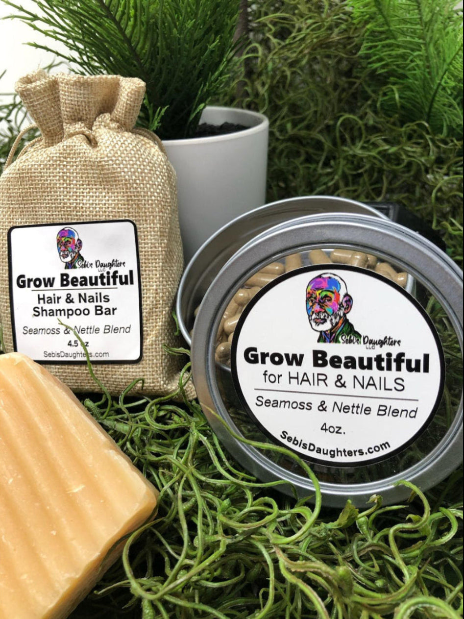 Sebis Daughters Grow Beautiful Bundle that Includes a 30 day supply of grow beautiful Seamoss and Nettle Blend Capsules plus a Grow Beautiful Hair and Nails Shampoo Bar that is 4.5 oz.