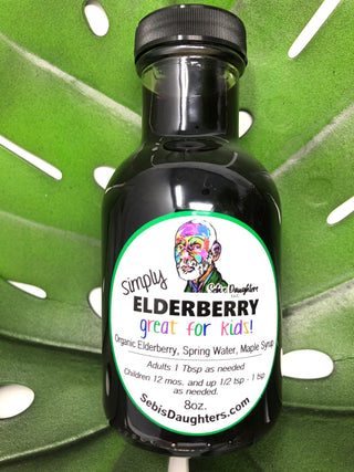 Simply Elderberry by Sebi's Daughters, a kid-friendly wellness supplement made with elderberry, vitamin C, pure spring water, and maple syrup for a delicious boost.